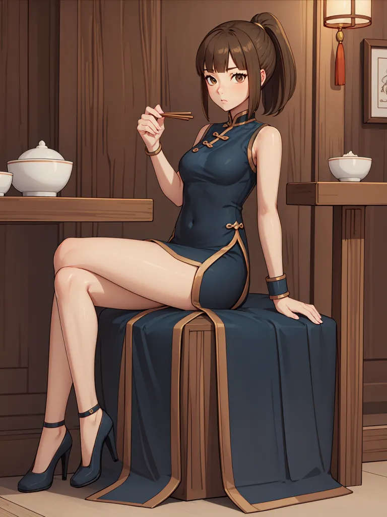 The image depicts a young woman sitting on a chair in a traditional Chinese restaurant. She is wearing a blue cheongsam with a high collar and a slit up the side, showing off her long legs. Her hair is tied up in a ponytail and she is wearing black high heels. She is holding chopsticks in her right hand and there is a bowl of rice on the table in front of her. The background is a blur of brown wooden walls and a lantern.