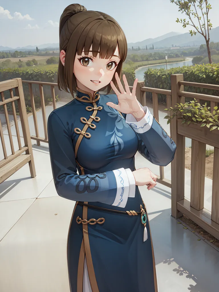 The image shows a young woman standing on a balcony. She is wearing a blue cheongsam with a white collar and cuffs. The cheongsam is decorated with gold buttons and has a high collar. The woman has long brown hair that is tied up in a ponytail. She is smiling and waving at the viewer. In the background, there is a view of a river and some mountains.