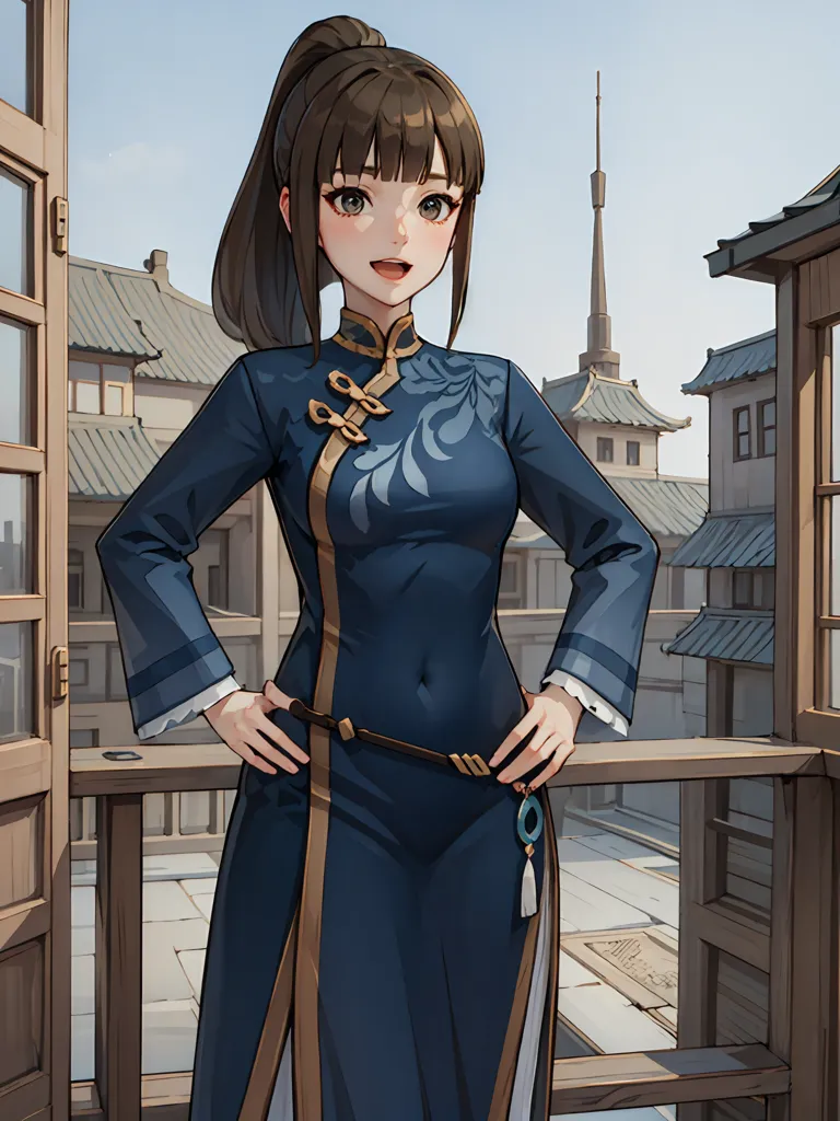 This is an image of a young woman standing on a balcony. She is wearing a blue dress with white and gold trim. The dress has a high collar and is cinched at the waist with a brown belt. She has brown hair that is tied back in a ponytail and brown eyes. She is smiling and has a confident expression on her face. The background of the image is a Chinese-style courtyard with a tiled roof and wooden railings.