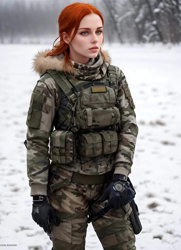 この画像には、軍服を着た若い女性が写っています。彼女は毛皮の付いたフードを着用し、迷彩柄のジャケットとズボンを着ています。また、戦術ベストとバックパックも身に付けています。女性は雪に覆われた森の中に立っており、手には銃を持っています。彼女は任務に就いているようです。