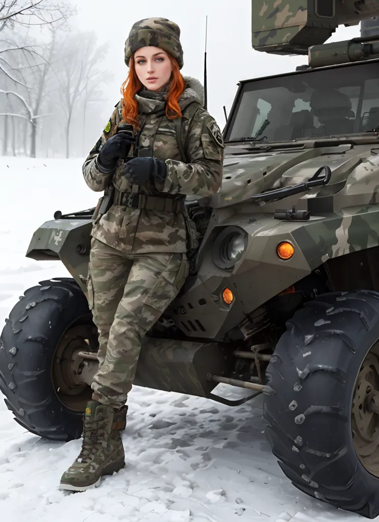 The image shows a young woman in military uniform standing in the snow next to a military vehicle. She is wearing a green and brown camouflage uniform, a black beanie, and brown boots. She has a backpack on her back and is holding a pair of binoculars. The vehicle is green and brown and has a machine gun mounted on the roof. There are trees in the background and snow on the ground.