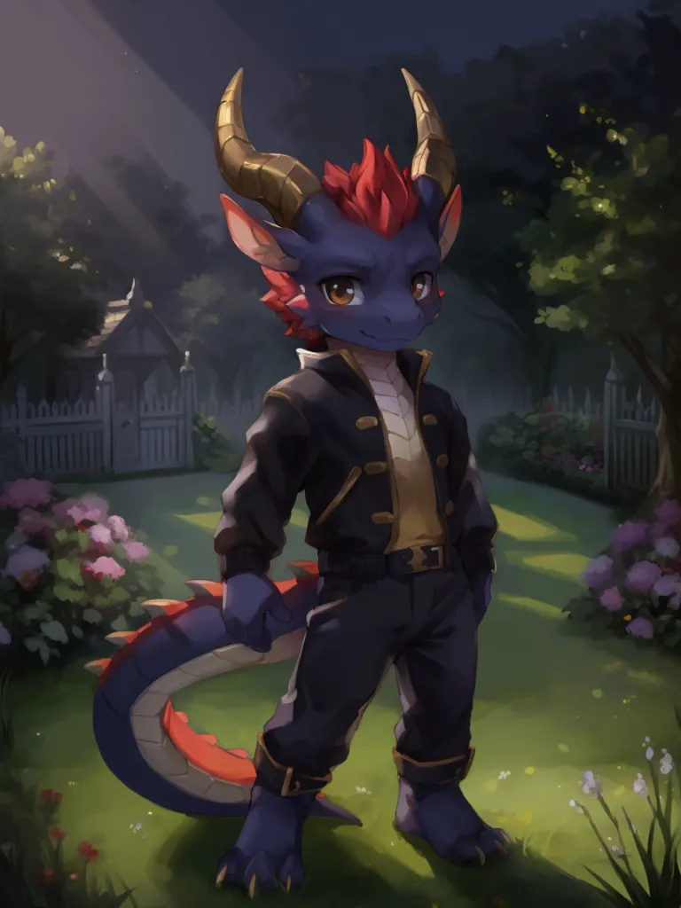 The image is of a humanoid dragon standing in a garden. The dragon is mostly blue with red accents on its head, wings, and tail. It is wearing a black jacket and pants. The dragon is standing in a garden with a white fence in the background. There are flowers and trees in the garden. The dragon has a smug look on its face.