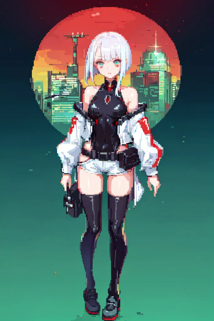 The image is a pixelated illustration of a young woman standing in front of a city skyline. The woman is wearing a white bodysuit and a black jacket. She has white hair and red eyes. The city skyline is depicted in a red circle in the background. The image has a retro-futuristic aesthetic.