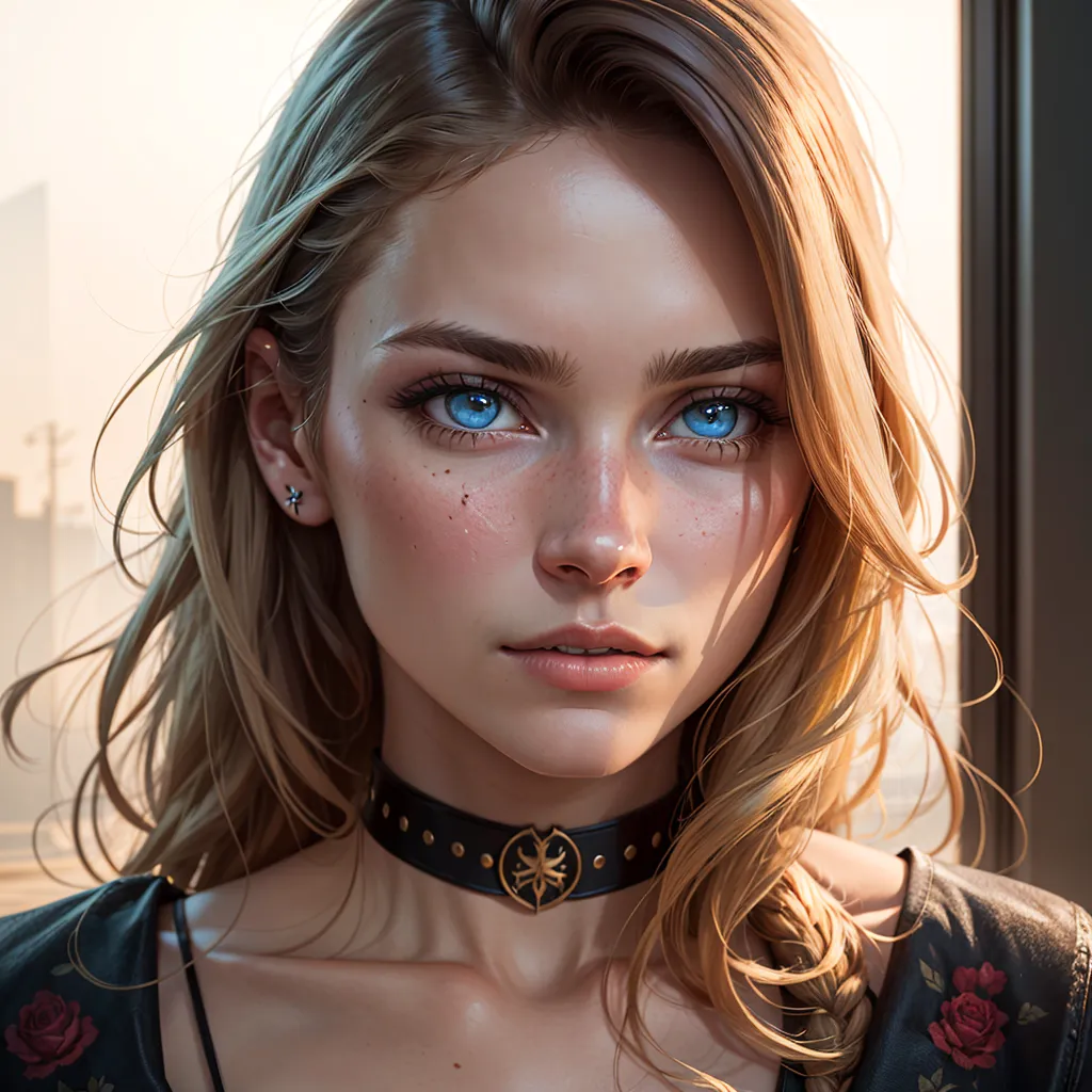 The image is a portrait of a beautiful young woman with long, wavy blonde hair and blue eyes. She is wearing a black choker with a silver pendant and a black leather jacket with red floral embroidery. The background is a blurry cityscape.