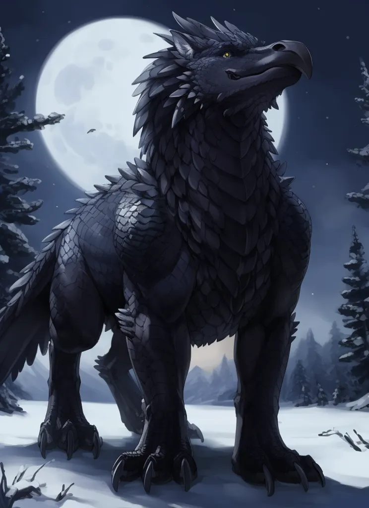 The image is a digital painting of a griffin, a mythical creature with the head and wings of an eagle and the body of a lion. The griffin is standing on a snowy mountaintop, with a full moon in the background. The griffin is black with yellow eyes and a yellow beak. It is looking to the right of the frame. The painting is done in a realistic style, and the griffin is depicted as a powerful and majestic creature.