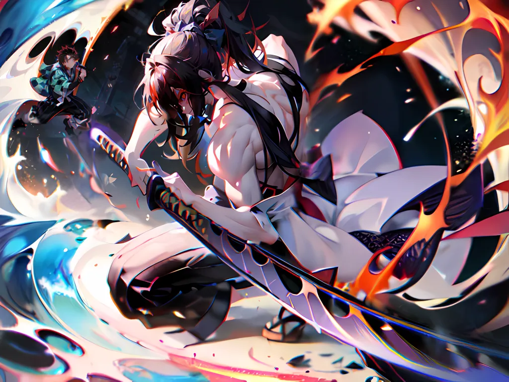 The image is an illustration of two characters from the anime series "Kimetsu no Yaiba". The characters are Tanjiro Kamado and Kyojiro Rengoku. Tanjiro is a young boy with black hair and green eyes, and he is wearing a white and black checkered haori. He is wielding a Nichirin Blade. Kyojiro is a muscular man with black hair and red eyes, and he is wearing a white haori with a flame pattern. He is also wielding a Nichirin Blade. The two characters are standing in a forest, and they are surrounded by flames. Tanjiro is about to attack Kyojiro with his sword. Kyojiro is also preparing to attack Tanjiro with his sword. The image is very dynamic and intense, and it captures the excitement of the battle between the two characters.