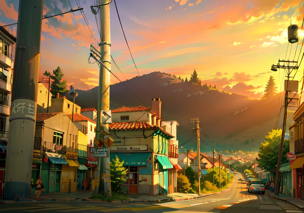 The image is a streetscape of a small town. The sky is a gradient of orange and yellow, with some light blue at the top. The sun is setting behind a hill in the distance. The street is lined with buildings, most of which are two or three stories tall. The buildings are mostly made of brick or wood, with some stone and concrete buildings as well. There are a few cars parked on the street, and some people are walking around. The street is lit by streetlights. The image has a warm and inviting atmosphere.