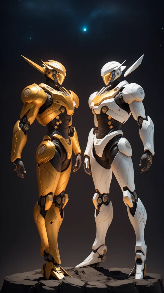 The image shows two robots standing next to each other. The robot on the left is gold and the robot on the right is white. They are both wearing white and gold armor and have their helmets on. The background is a dark blue with a white light in the center. The robots are standing on a rocky surface.