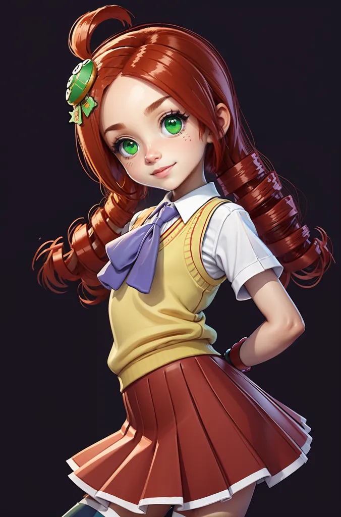 The image shows a young girl with red hair and green eyes. She is wearing a white shirt, a yellow vest, and a brown skirt. She has a green and yellow hair accessory in her hair and a purple bow around her neck. She is standing with her left hand on her hip and her right hand hanging by her side. She has a confident smile on her face.