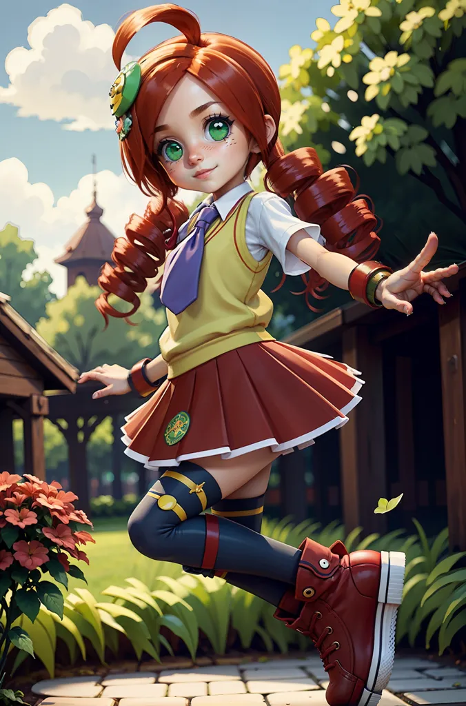 This is an image of a young girl in a school uniform. She has long red hair, green eyes, and a fair complexion. She is wearing a yellow sweater vest, a red pleated skirt, and brown boots. She also has a green and white striped tie and a yellow and green hair accessory. She is standing in a garden, surrounded by flowers and plants. There is a building in the background. The girl is smiling and looks happy.