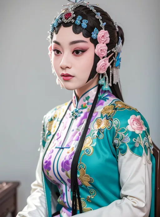 Une jeune femme porte un costume traditionnel d'opéra chinois. Le costume est très élaboré, avec de nombreuses couches de tissu et une broderie complexe. Les cheveux de la femme sont également très élaborés, avec un chignon haut et de nombreuses épingles à cheveux. Elle porte également un maquillage lourd, avec un fard à paupières et un rouge à lèvres vifs.