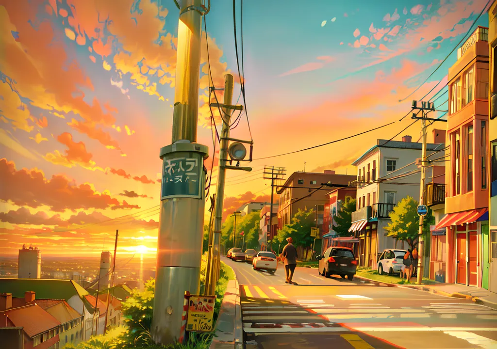 The image is a streetscape of a city. The time of day is sunset, and the sky is a gradient of orange, yellow, pink, and blue. The street is lined with buildings, most of which are two or three stories tall. The buildings are mostly made of brick or concrete. There are a few cars parked on the street, and there are people walking on the street. The street is lit by streetlights. The image is in a realistic style, and the colors are vibrant and saturated.