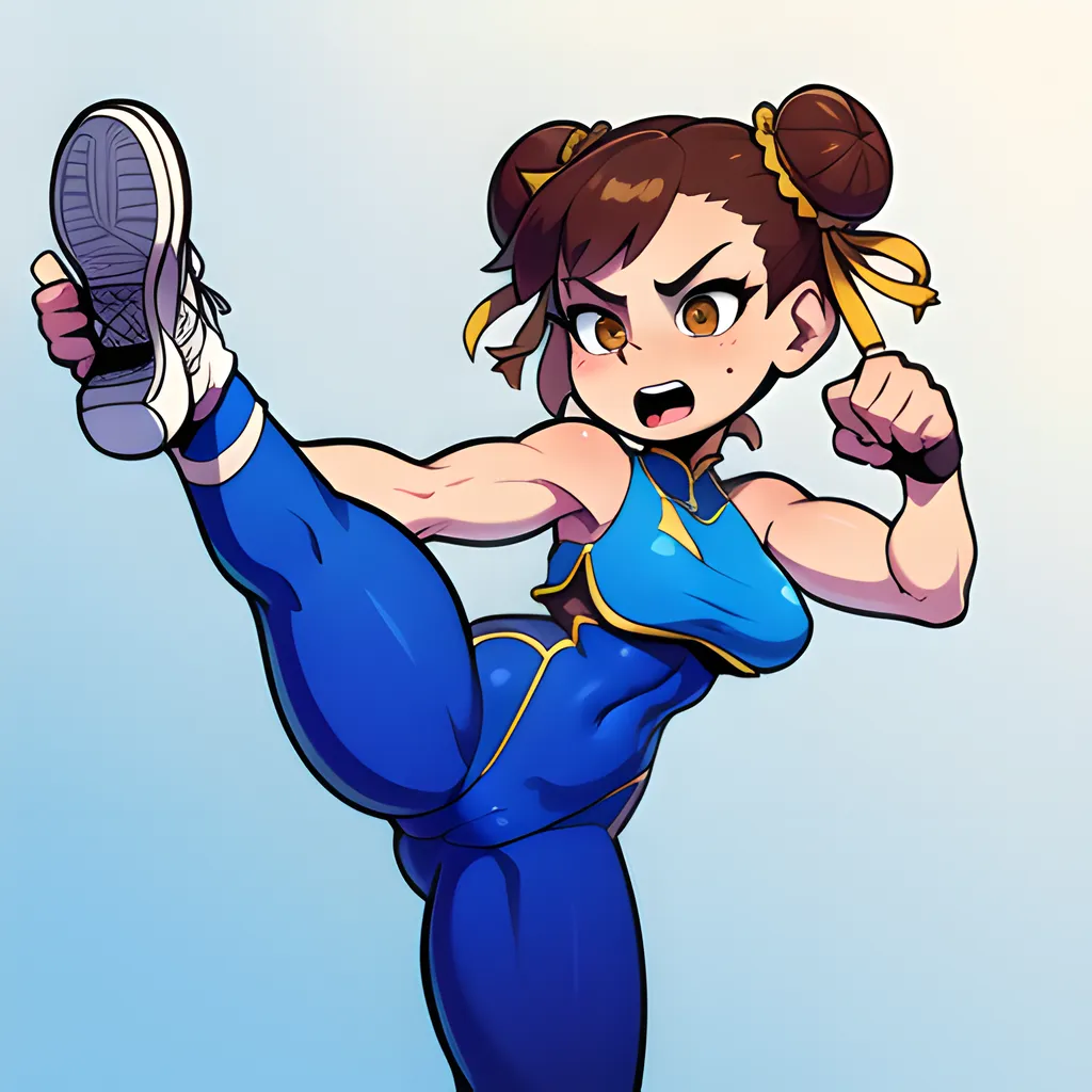 The image is of Chun-Li from the Street Fighter video game series. She is drawn in a cartoon style and is wearing her classic blue outfit. She is in a high-kick position and has her fist raised in a blocking position. Her expression is determined and focused. The background is a light blue gradient.