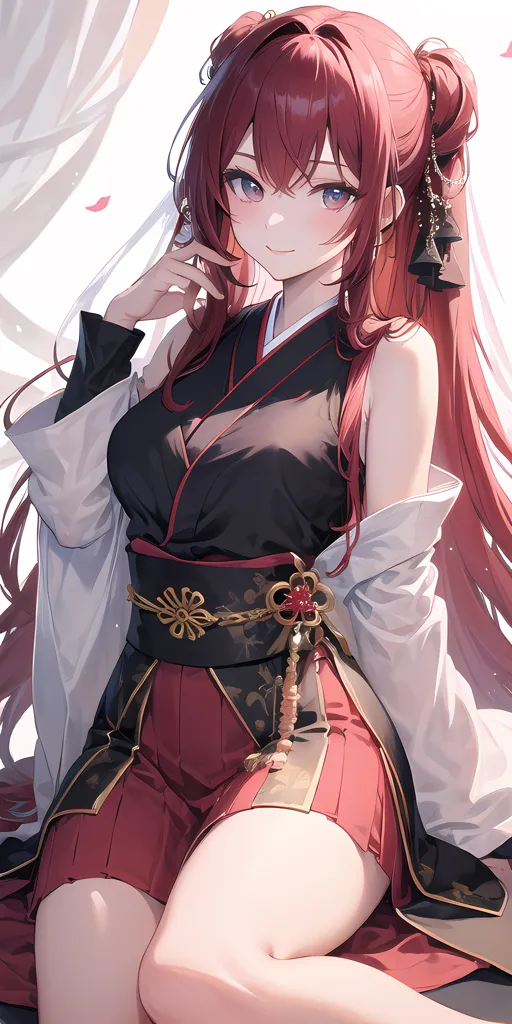 La imagen es una pintura de una mujer joven con el cabello largo y rojo y ojos púrpura. Lleva un kimono negro con un fajín rojo y un haori blanco. Está sentada en un banco blanco y tiene una sonrisa suave en su rostro. El fondo es una mezcla borrosa de blanco y rosa.