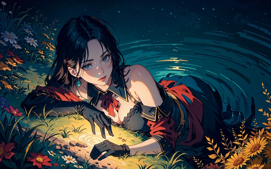 This is an image of a beautiful woman with long black hair and blue eyes. She is wearing a red and black dress and is lying on the grass near a river. She is looking at the viewer with a serious expression. There are flowers in the grass and the sky is dark.