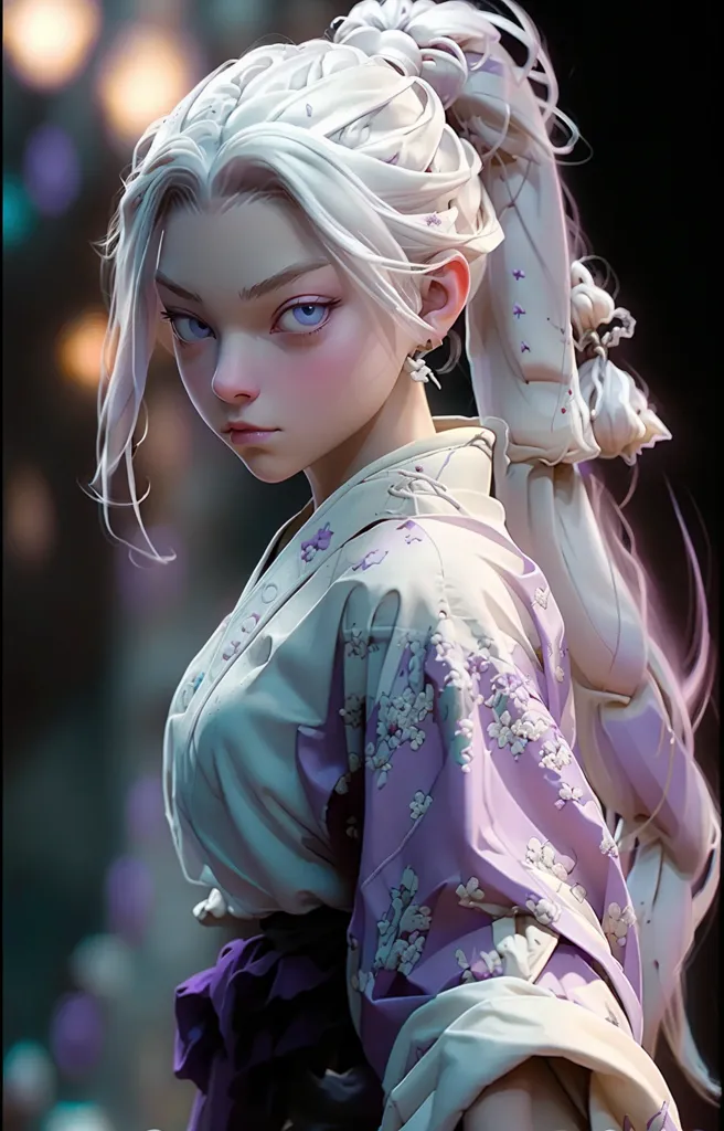 A imagem é um retrato de uma jovem mulher com cabelos brancos longos e olhos roxos. Ela está usando um quimono tradicional japonês com um padrão floral. O quimono está amarrado com uma faixa roxa obi. O cabelo da mulher está preso em um rabo de cavalo com uma fita branca. Ela tem uma expressão séria no rosto. O fundo está desfocado e fora de foco.