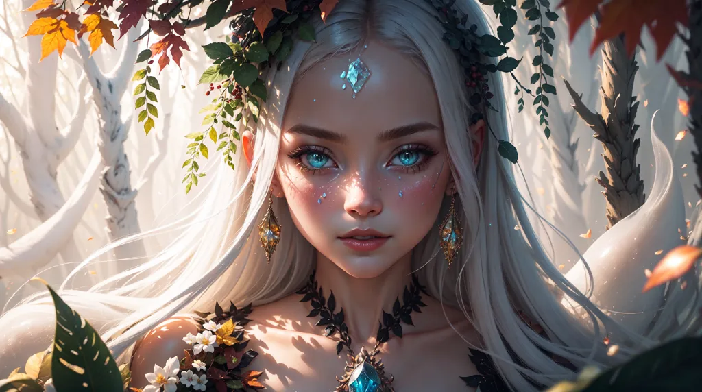 This image shows a beautiful, young, ethereal woman with long, flowing white hair. She is wearing a necklace and earrings made of leaves and flowers. Her eyes are a deep blue color, and her skin is fair and flawless. She is standing in a forest, and the trees are covered in leaves of various shades of green, yellow, orange, and red. The woman's expression is one of peace and serenity.