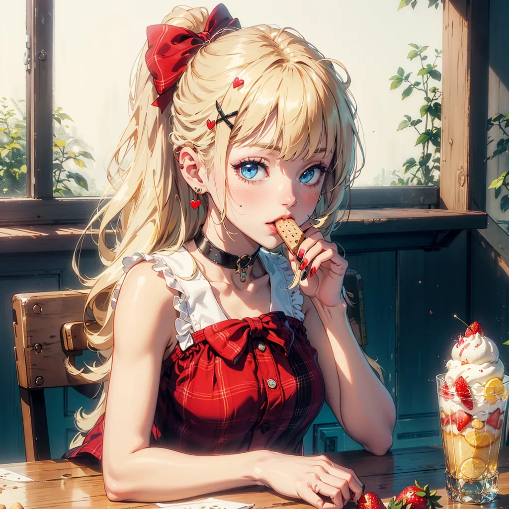 The image shows a beautiful anime girl with long blonde hair and blue eyes. She is wearing a red and white checkered dress with a white bow in her hair and a black choker around her neck. She is sitting at a table and eating a cookie. There is a glass with a strawberry parfait on the table. The girl is sitting in a wooden chair in what appears to be a cafe. The background is a window with a view of the outside.