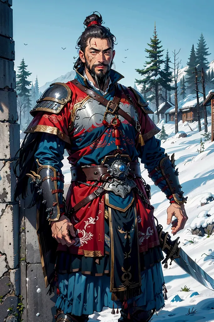 The image shows a man standing in a snowy landscape. He is wearing a blue and red outfit and has a sword sheathed at his waist. He has a beard and his hair is tied back in a ponytail. There are trees and mountains in the background.