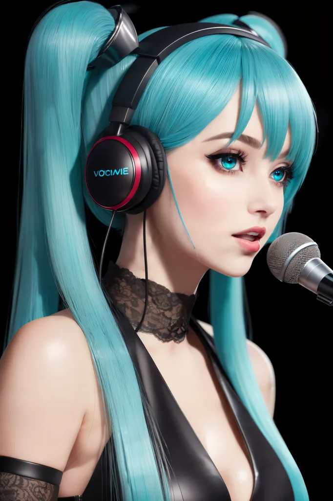 This is an image of a young woman with long blue hair, blue eyes, and a fair complexion. She is wearing a black choker with a white lace overlay and a black bodysuit with a sweetheart neckline. She is also wearing a pair of black headphones and is holding a microphone in her right hand. She is standing in front of a black background and is looking at the viewer with a slightly open mouth.