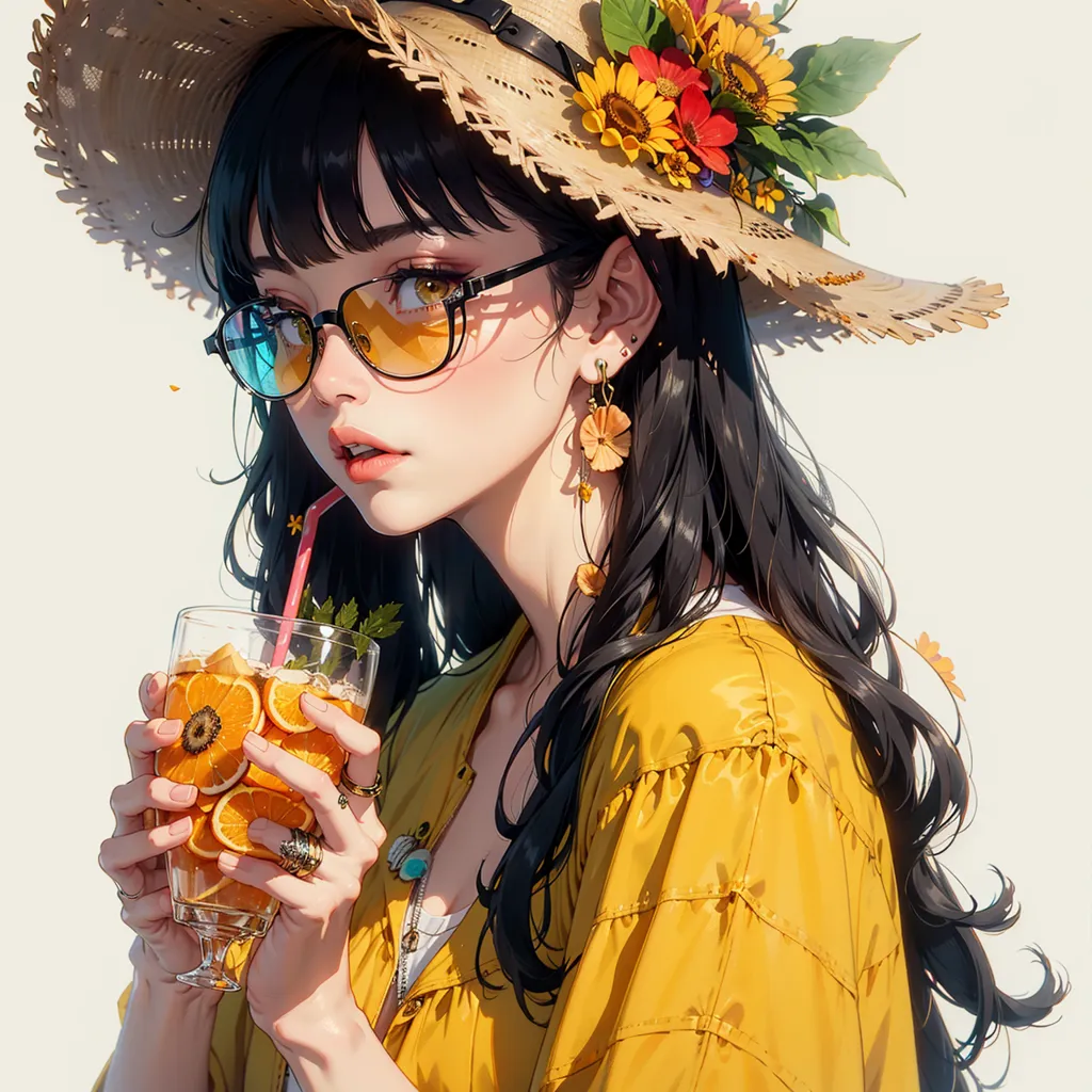 A imagem é um retrato de uma jovem mulher com longos cabelos pretos. Ela está usando um chapéu de palha de abas largas com uma faixa floral e um vestido amarelo. Ela está usando óculos e segurando um copo alto de suco de laranja com fatias de laranja dentro. Há também pequenas flores em seu cabelo que combinam com as do chapéu. Ela está olhando para o lado com um leve sorriso no rosto.