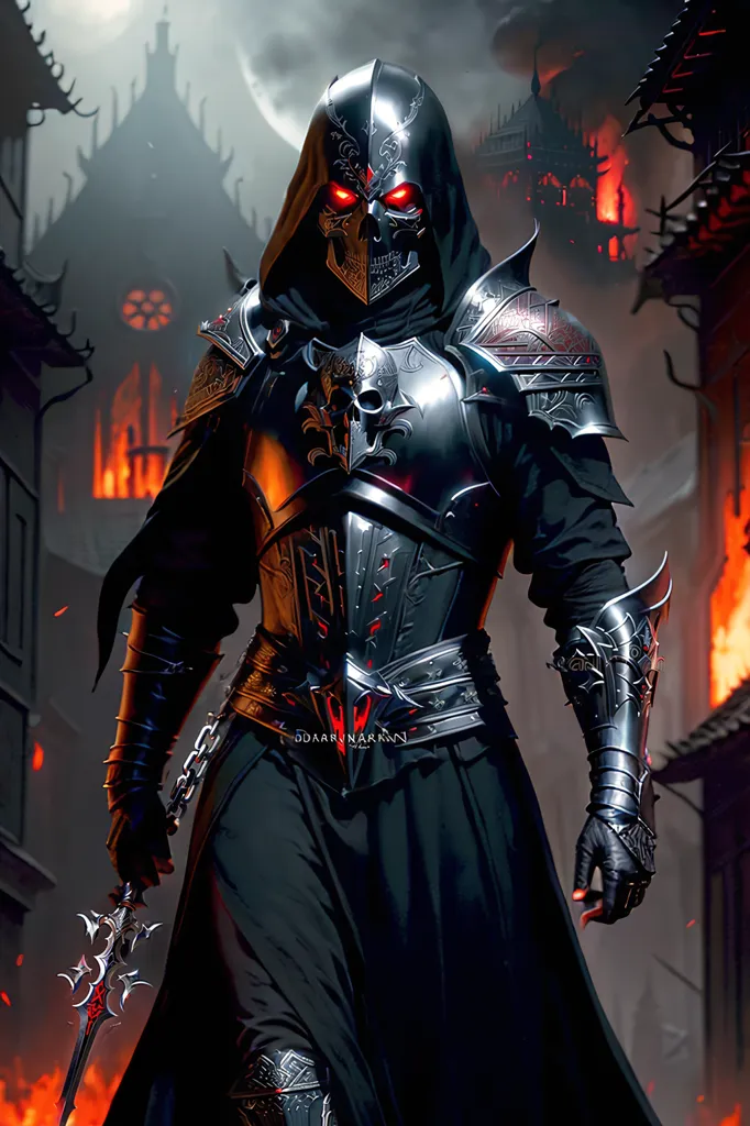 The image is of a dark knight. He is wearing a black and grey armor with red details. His helmet has a skull-like face with glowing red eyes. He is also wearing a black cape. He is standing in a dark, ruined city. There are fires burning in the background and smoke rising in the air. The knight is holding a sword in his right hand. He looks like he is ready to fight.