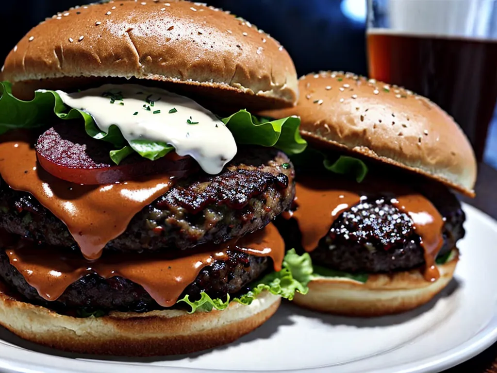 Um delicioso hambúrguer com um pão de hambúrguer com sementes de gergelim, duas suculentas almôndegas de carne, queijo derretido, alface, tomate e um molho cremoso. O hambúrguer é servido em um prato branco com um copo de cerveja ao fundo.