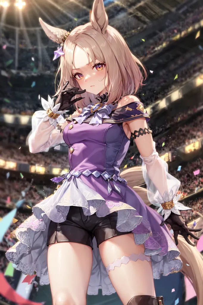 The image is an anime-style illustration of a young woman with cat ears and a tail. She is wearing a purple and white dress with a frilly skirt and black shorts. She is also wearing black gloves and boots. The woman is standing on a stage with a large crowd in the background. She has a confident smile on her face and is looking at the crowd.