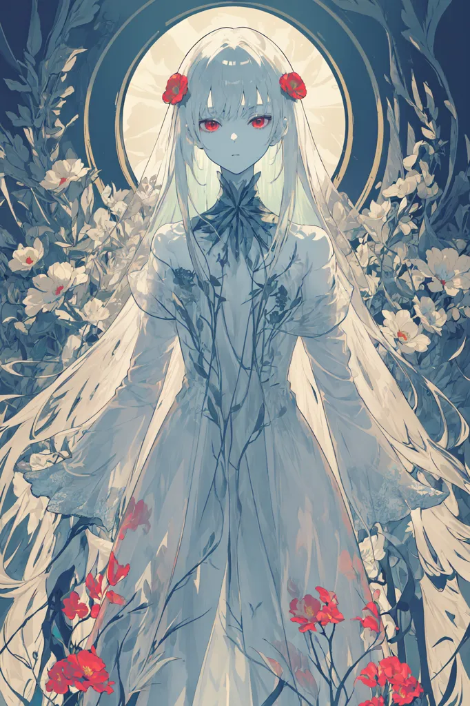 The image is a painting of a young woman with long white hair and red eyes. She is wearing a white dress with a black choker. The dress has vine-like patterns on it. The woman is standing in a field of red and white flowers. There is a full moon behind her. The painting is done in a realistic style and the colors are vibrant and saturated. The woman's expression is serene and peaceful. The painting is likely meant to be a depiction of a goddess or other supernatural being.