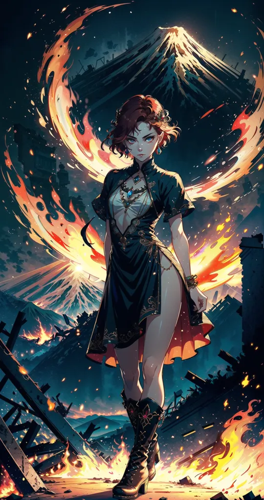 This is an image of a woman standing in front of a volcano. The volcano is erupting and there are flames and smoke everywhere. The woman is wearing a black dress and she has red hair. She is looking at the viewer with a determined expression on her face.