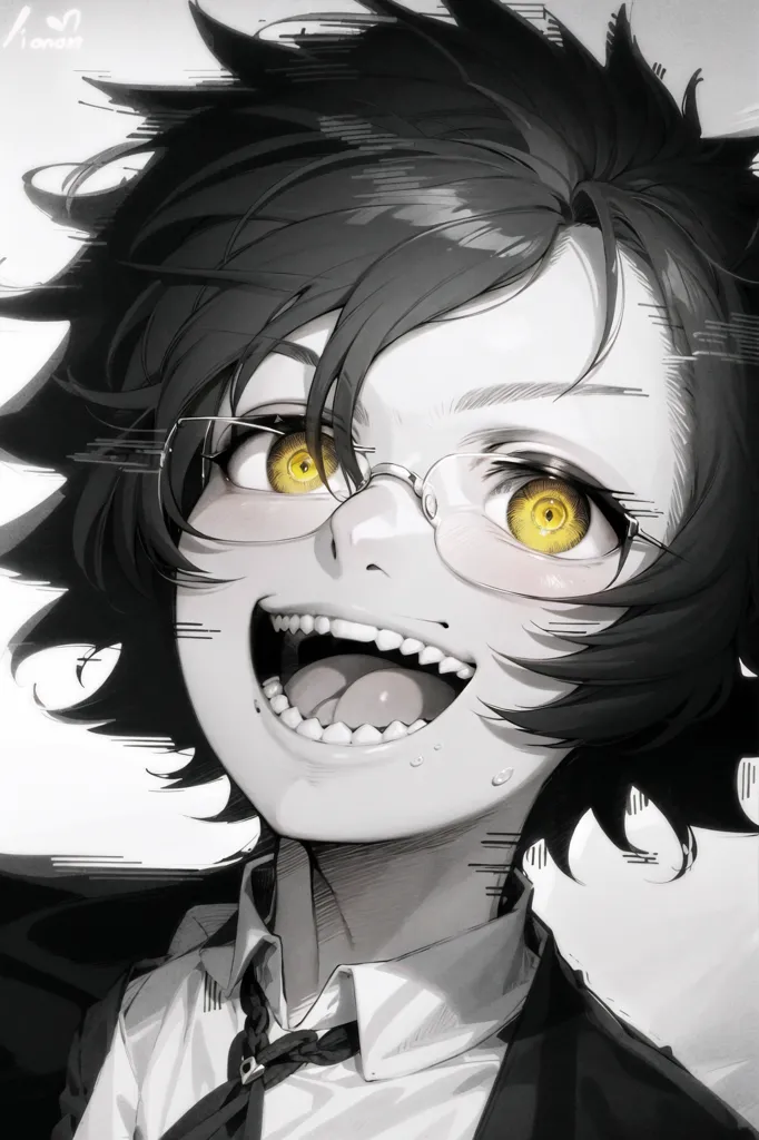 The image is a black-and-white portrait of a person with short black hair and yellow eyes. The person is wearing glasses and has a wide smile on their face. Their mouth is open and their teeth are bared. The person's hair is messy and their eyes are wide. The background is white and there is a grey shadow on the right side of the person's face.