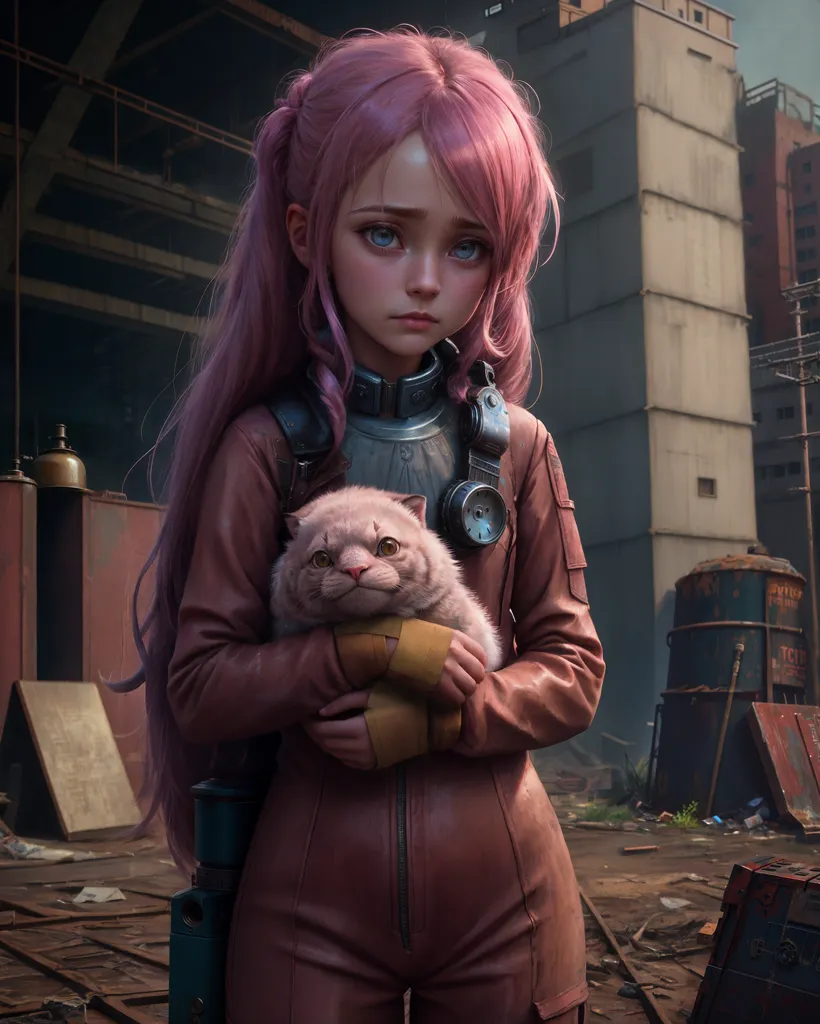 The image is of a young girl with pink hair and blue eyes. She is wearing a brown leather jacket and a white shirt. She is holding a white cat in her arms. The girl is standing in a post-apocalyptic city. There are ruined buildings and debris all around her. The sky is dark and cloudy. The girl is looking at the cat with a sad expression on her face.