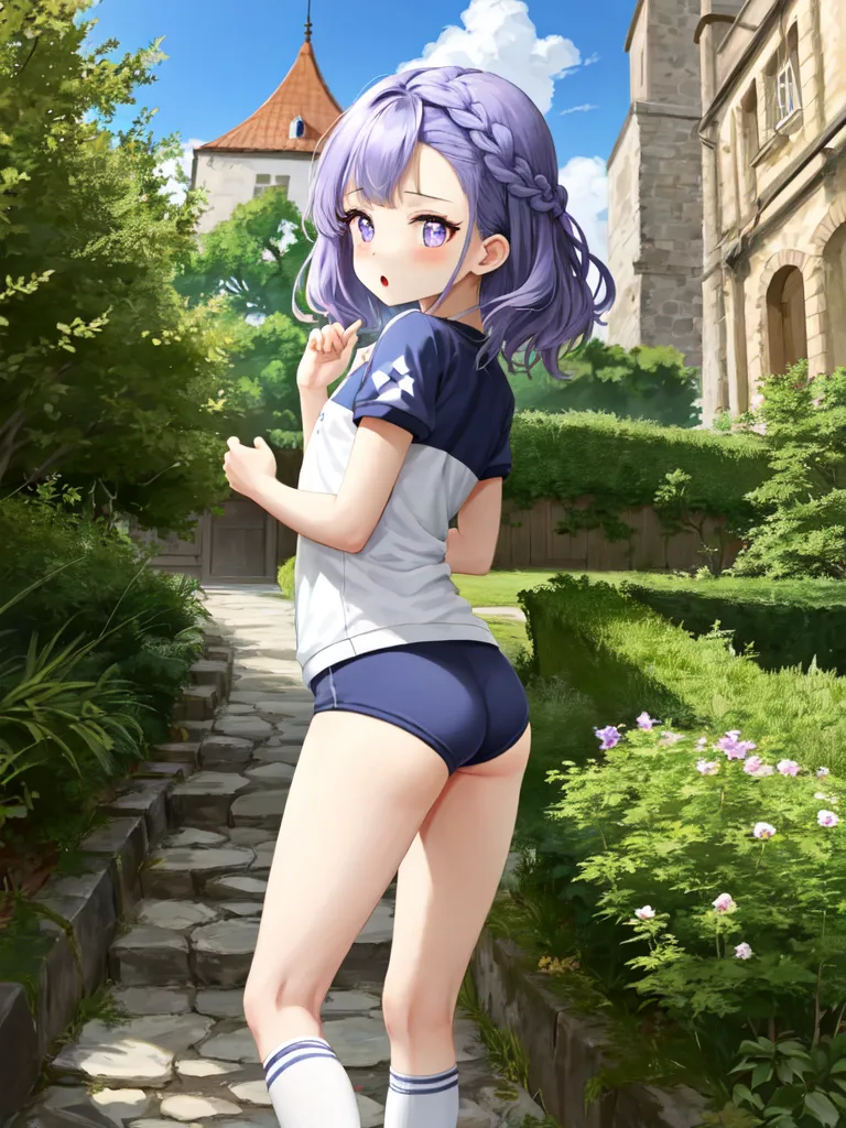 The image is of a young girl with purple hair and purple eyes. She is wearing a white and blue sports outfit. She is standing in a garden with a large house in the background. There are trees and flowers in the garden. The girl is looking back at the viewer with a surprised expression on her face.