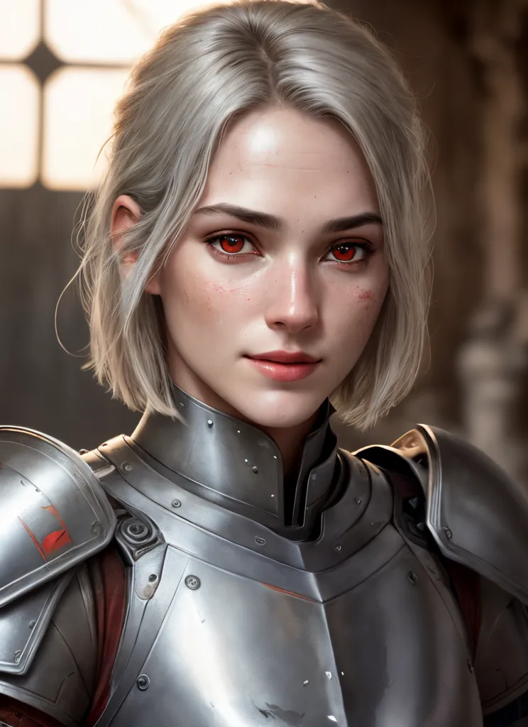 The image is a portrait of a young woman with short white hair and red eyes. She is wearing a suit of silver armor and has a determined expression on her face. The background is a blur of light and dark colors.