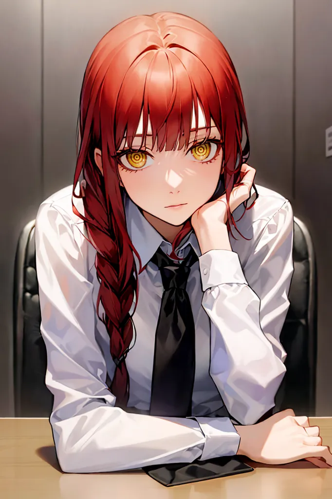 This is an image of a young woman with long red hair and yellow eyes. She is wearing a white dress shirt and a black tie. She is sitting in a chair with her left hand resting on her chin and her right hand on the table. She has a thoughtful expression on her face.