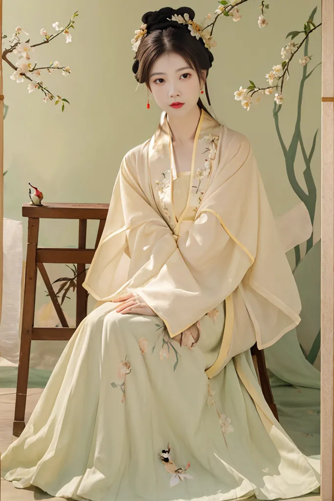 The image shows a young woman in a traditional Chinese dress, sitting on a chair with a peach blossom branch behind her. The woman is wearing a pale green dress with a white outer robe, both of which are embroidered with delicate floral patterns. The woman's hair is elaborately styled with a number of hairpins and other accessories. She is also wearing a pair of earrings and a necklace. The background of the image is a traditional Chinese-style painting of mountains and clouds. The overall effect of the image is one of beauty and elegance.