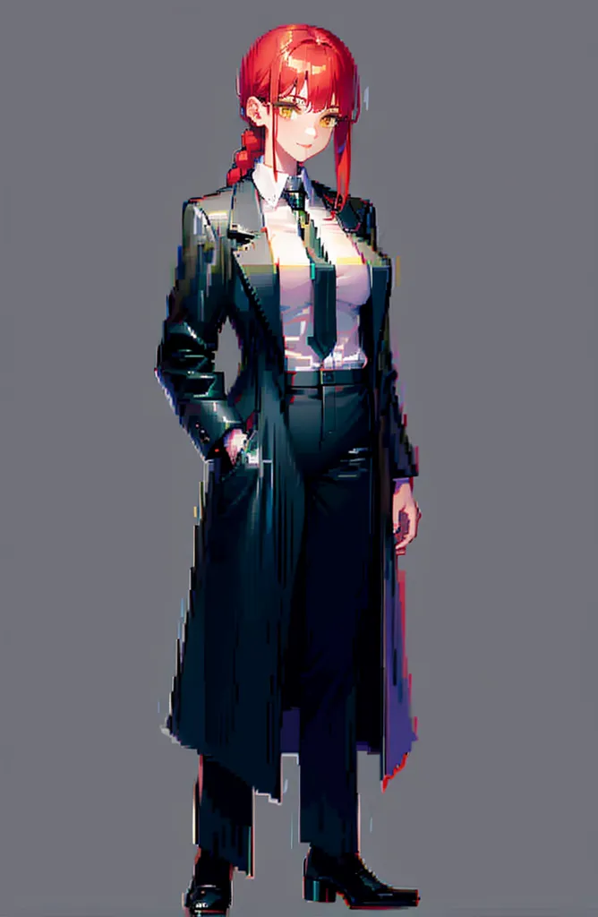 This is an image of a woman wearing a black trench coat and a white dress shirt with a black tie. She has red hair and red eyes. She is standing with her hands in her pockets.