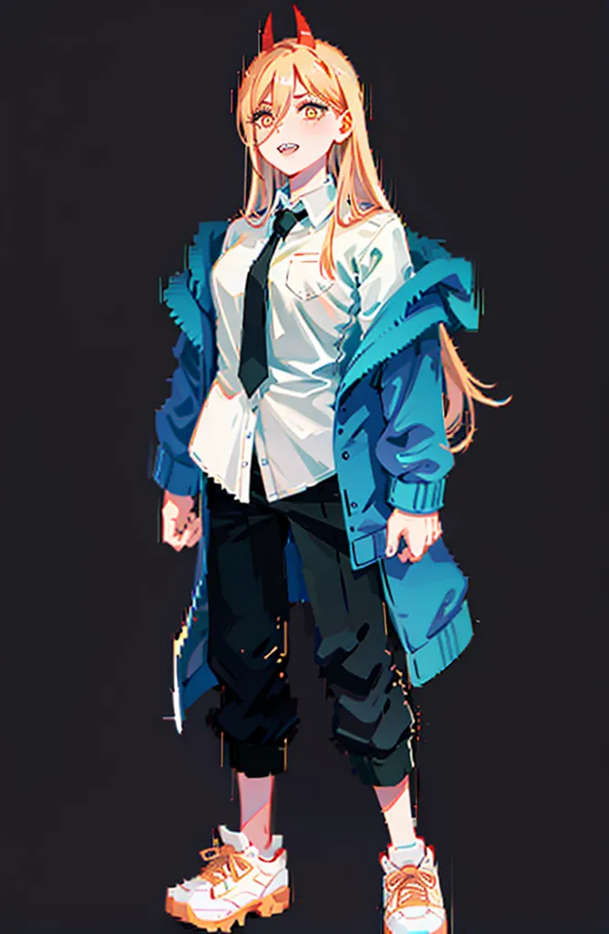 The image is of a young woman with long blond hair and red horns. She is wearing a white shirt, black pants, a blue jacket, and brown shoes. She has a tie on her shirt and her hands are in her pockets. Her expression is confident and determined. The background is dark.