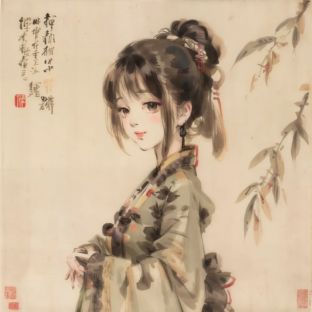 A imagem é uma pintura de uma jovem mulher vestindo um traje tradicional chinês. Ela está em pé em frente a um fundo branco, com uma árvore de salgueiro atrás dela. A mulher está usando um vestido verde com um colarinho branco e tem cabelos pretos longos presos em um coque. Ela olha para o espectador com um leve sorriso no rosto. A pintura é feita em um estilo realista, com detalhes e sombreamento finos.