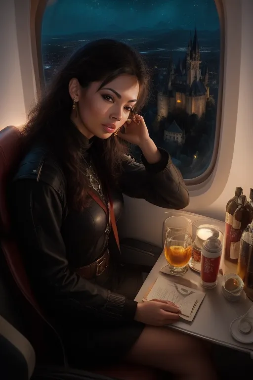 The image is of a beautiful woman with long black hair and dark eyes. She is sitting in a plane and looking out the window at a cityscape below. She is wearing a black leather jacket and a white blouse. There is a table next to her with a drink and some snacks. The woman is holding a pen and writing something on a piece of paper. She has a thoughtful expression on her face.