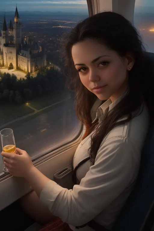 The image shows a young woman sitting in a plane and looking out the window. She has long dark hair, brown eyes, and is wearing a white shirt. She is holding a glass of champagne in her right hand. Outside the window, there is a beautiful view of a castle in the distance. The sky is dark and there are some lights on in the castle. The woman is smiling and looks happy and relaxed.