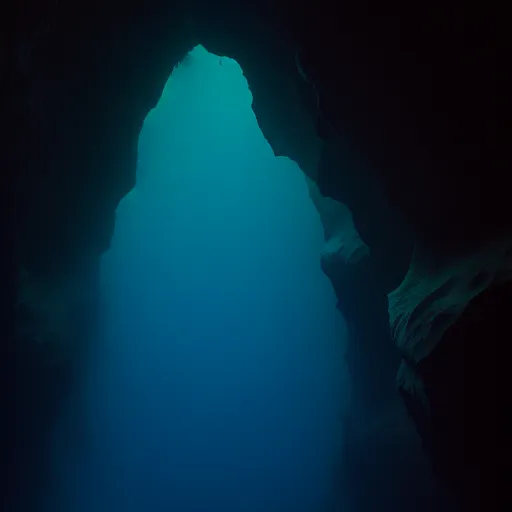 これは水中洞窟の画像です。洞窟は暗く神秘的で、深い青い水が広がっています。水は澄んでいて青く、洞窟の入り口から外の世界からの光が差し込んでいます。洞窟には天井から垂れ下がる鍾乳石と床から伸びる石筍が満ちています。これらは水が滴り落ちることで形成された岩の造形物です。