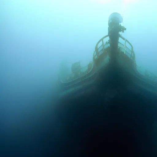 The image shows a shipwreck. The bow of the ship is facing the camera. The ship is listing to starboard and the decks are collapsed. The ship is covered in silt and the paint is peeling. The water is murky and green.