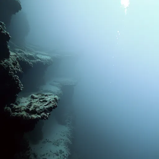 A imagem é uma fotografia subaquática de uma caverna. A caverna é escura e misteriosa, e a água é de uma cor azul profunda. As paredes da caverna estão cobertas de rochas pontiagudas, e o chão está coberto de areia. Há uma luz brilhante vindo da superfície da água, que está criando um belo reflexo nas paredes da caverna.