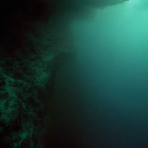 This is an image taken from a diver's perspective. The diver is looking down into the dark depths of the ocean. There is a rock wall to the left of the diver and the water is dark and murky. The light from the diver's flashlight is reflecting off of the rock wall and illuminating the water in front of the diver.