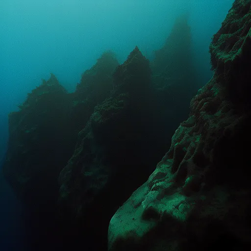 The image is dark and mysterious. It shows a deep underwater scene with a large rock formation in the foreground. The rock is covered in green algae and other marine life. The water is murky and green, and there is a strong sense of depth and atmosphere. The image is both beautiful and eerie, and it evokes a sense of wonder and awe.