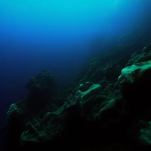 The image is dark and mysterious. It was taken from a diver's perspective, looking down at a coral reef. The reef is in the foreground, and it is made up of large, colorful corals. The water is dark blue and there is a deep blue ocean in the background. There is a bright spot in the top right corner of the image which is the sun shining through the water.