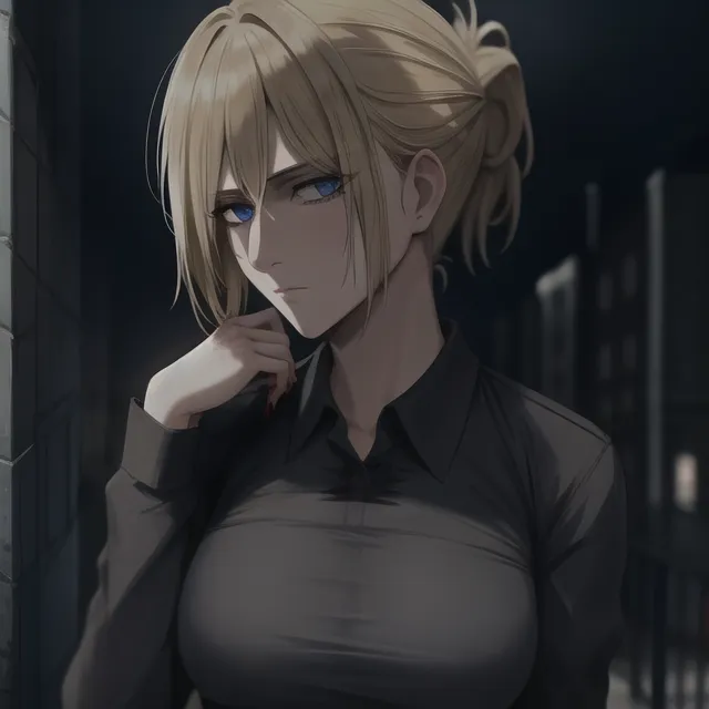 The image is a digital painting of a young woman with blonde hair and blue eyes. She is wearing a black shirt and has a ponytail. She is standing in a dark room, with only a single light source illuminating her face. The woman's expression is serious and thoughtful. She is looking at the viewer with her head tilted slightly to one side. The painting is done in a realistic style, with great attention to detail. The woman's skin is smooth and flawless, and her hair is soft and shiny. The light source is positioned in such a way that it highlights the woman's cheekbones and collarbone. The overall effect of the painting is one of beauty and mystery.