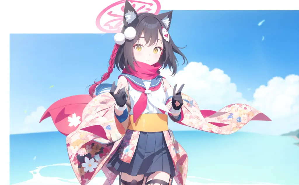 The image shows an anime-style girl with black hair and yellow eyes. She is wearing a white and blue sailor uniform with a red scarf and a pink kimono with white and blue flowers. She also has a pair of cat ears on her head and is making a peace sign with both hands. She is standing on a beach with the ocean behind her.