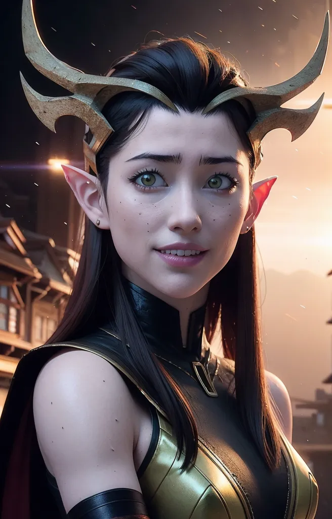 The image shows a beautiful young woman with long brown hair, green eyes, and pointed ears. She is wearing a golden and black armor and has a golden headdress with horns on her head. She has a warm smile on her face and is looking at the viewer. In the background, there is a city with buildings and lights.